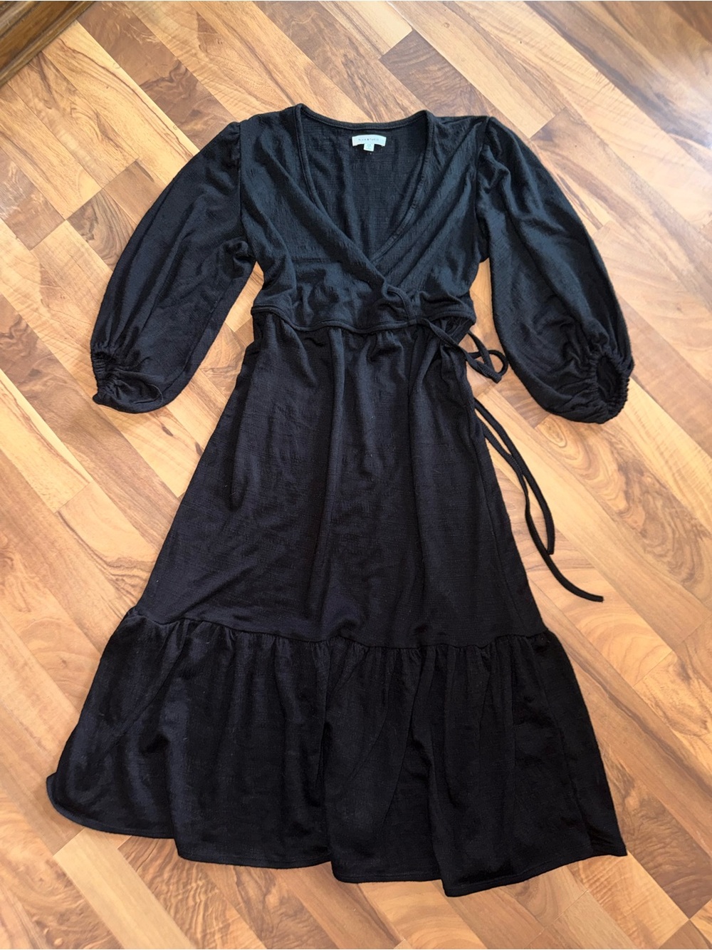 Max Studio Black Wrap Midi Dress with Puff Sleeves